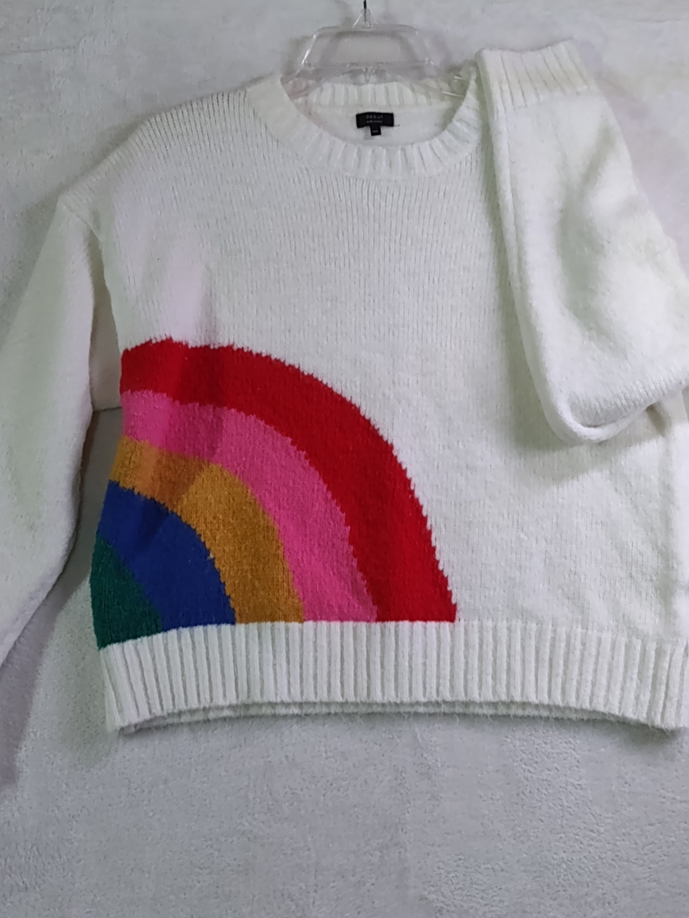 debut White Crewneck Sweater with Red, Pink, Gold, Blue & Green Rainbow